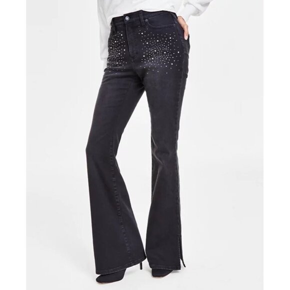 INC International Concepts Womens 2/26 High-Rise Rhinestone-Studded Flare Jeans - Picture 1 of 12